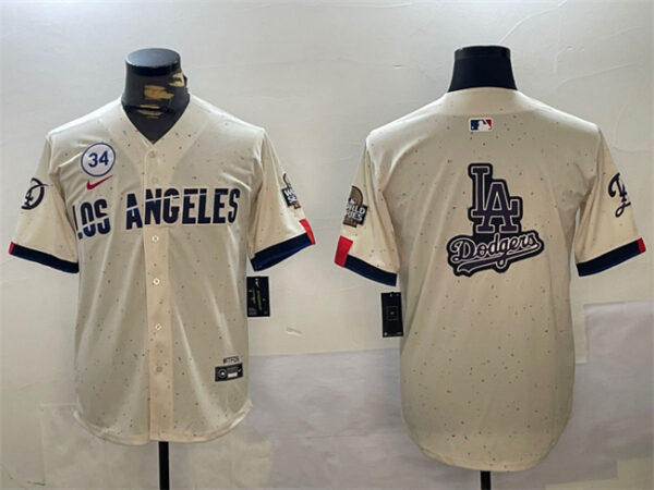 Men's Los Angeles Dodgers Team Big Logo Cream 2024 World Series With No. 34 Patch Limited Stitched Baseball Jerseys