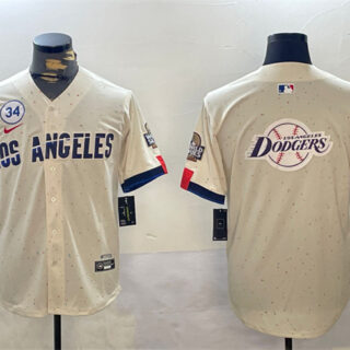 Men's Los Angeles Dodgers Team Big Logo Cream 2024 World Series With No. 34 Patch Limited Stitched Baseball Jerseys