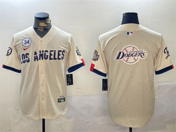 Men's Los Angeles Dodgers Team Big Logo Cream 2024 World Series With No. 34 Patch Limited Stitched Baseball Jerseys