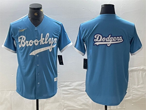 Men's Los Angeles Dodgers Team Big Logo Light Blue Throwback Cool Base Stitched Baseball Jerseys