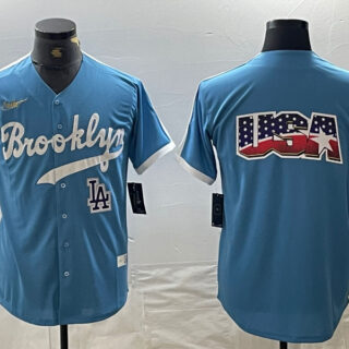 Men's Los Angeles Dodgers Team Big Logo Light Blue Throwback Cool Base Stitched Baseball Jerseys