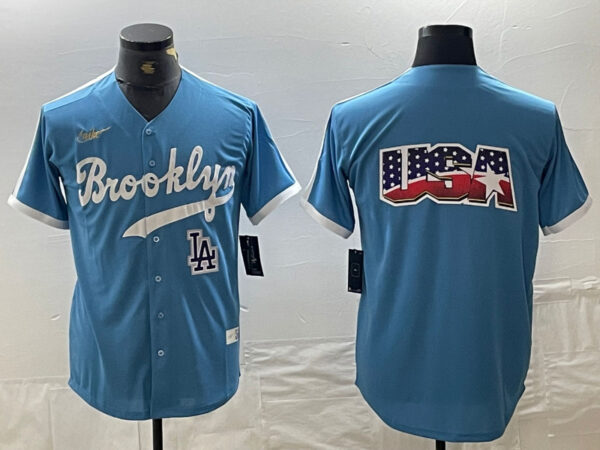 Men's Los Angeles Dodgers Team Big Logo Light Blue Throwback Cool Base Stitched Baseball Jerseys