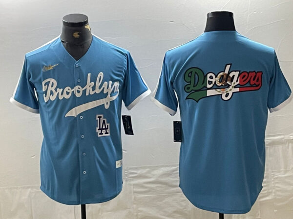 Men's Los Angeles Dodgers Team Big Logo Light Blue Throwback Cool Base Stitched Baseball Jerseys