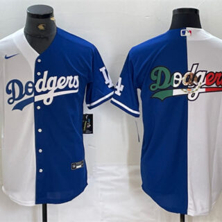 Men's Los Angeles Dodgers Team Big Logo White Blue Split Cool Base Stitched Baseball Jersey 1