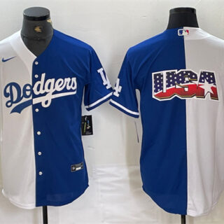 Men's Los Angeles Dodgers Team Big Logo White Blue Split Cool Base Stitched Baseball Jersey 3