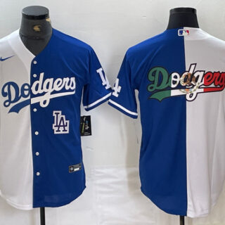 Men's Los Angeles Dodgers Team Big Logo White Blue Split Cool Base Stitched Baseball Jersey