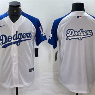 Men's Los Angeles Dodgers Team Big Logo White Blue Vin Patch Cool Base Stitched Baseball Jersey