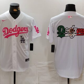 Men's Los Angeles Dodgers Team Big Logo White Pink Vin & Kobe Patch Stitched Baseball Jerseys
