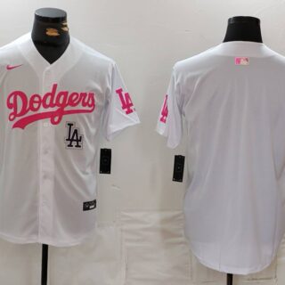 Men's Los Angeles Dodgers Team Big Logo White Pink Vin & Kobe Patch Stitched Baseball Jerseys