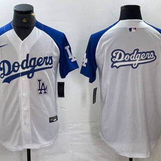 Men's Los Angeles Dodgers big logo White Blue Vin Patch Cool Base Stitched Baseball Jersey