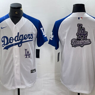 Men's Los Angeles Dodgers big logo White Blue Vin Patch Cool Base Stitched Baseball Jersey