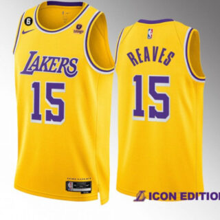 Men's Los Angeles Lakers #15 Austin Reaves Yellow Icon Edition With NO.6 Patch Stitched Basketball Jersey