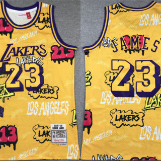 Men's Los Angeles Lakers #23 LeBron James Yellow 1996-97 Throwback Basketball Jersey