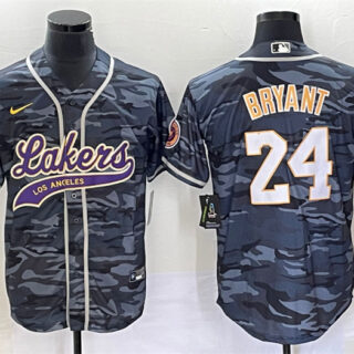 Men's Los Angeles Lakers #24 Kobe Bryant Gray Camo Cool Base With Patch Stitched Baseball Jersey
