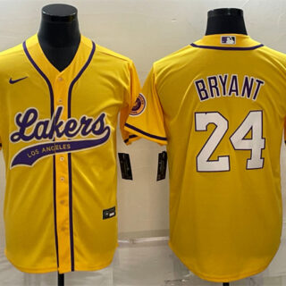 Men's Los Angeles Lakers #24 Kobe Bryant Yellow Cool Base Stitched Baseball Jersey