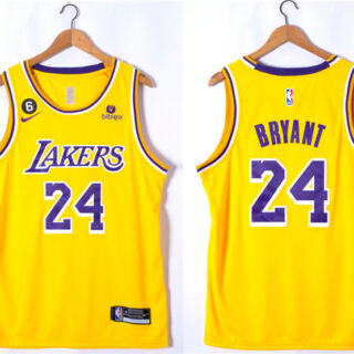 Men's Los Angeles Lakers #24 Kobe Bryant Yellow With NO.6 Patch Stitched Basketball Jersey