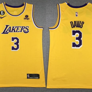 Men's Los Angeles Lakers #3 Anthony Davis Yellow Edition With NO.6 Patch Stitched Basketball Jersey 001