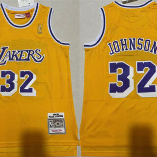 Men's Los Angeles Lakers #32 Magic Johnson Yellow Throwback Basketball Jersey