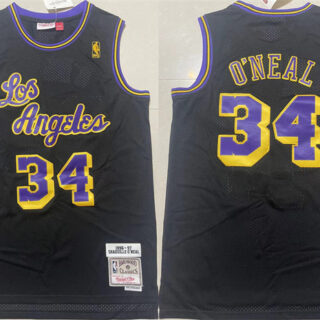 Men's Los Angeles Lakers #34 Shaquille O'Neal Black 1997-98 Black Throwback Basketball Jersey