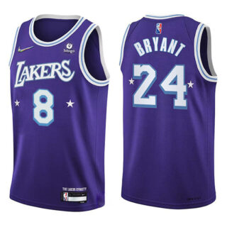 Men's Los Angeles Lakers Front #8 Back #24 Kobe Bryant 75th Anniversary 2021 22 City Edition Purple Stitched Jersey