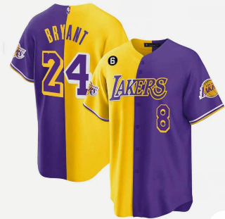 Men's Los Angeles Lakers Front #8 Back #24 Kobe Bryant Gold Purple Split Cool Base Stitched Baseball Jersey