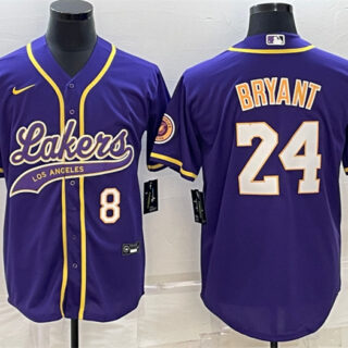 Men's Los Angeles Lakers Front #8 Back #24 Kobe Bryant Purple Cool Base Stitched Baseball Jersey