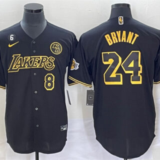 Men's Los Angeles Lakers Front #8 Back #24 Kobe Bryant With NO.6 And KB Patch Black Cool Base Stitched Baseball Jersey