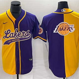 Men's Los Angeles Lakers Gold Purple Split Team Big Logo Cool Base Stitched Baseball Jersey
