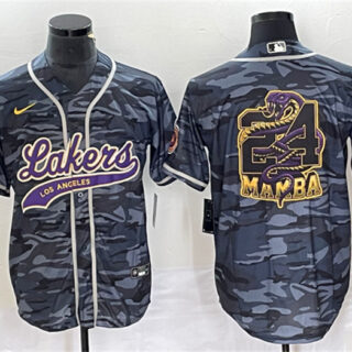 Men's Los Angeles Lakers Gray Camo #24 Mamba Big Logo Cool Base Stitched Baseball Jersey