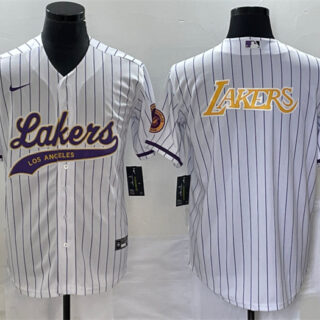 Men's Los Angeles Lakers White Team Big Logo Cool Base With Patch Stitched Baseball Jersey
