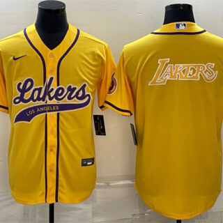 Men's Los Angeles Lakers Yellow Big Logo Cool Base Stitched Baseball Jersey