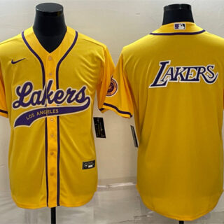 Men's Los Angeles Lakers Yellow Big Logo Cool Base Stitched Baseball JerseyS