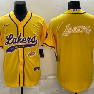Men's Los Angeles Lakers Yellow Big Logo With Patch Cool Base Stitched Baseball Jersey
