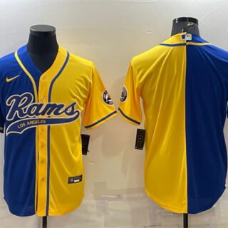 Men's Los Angeles Rams Blank Royal Yellow Split With Patch Cool Base Stitched Baseball Jersey