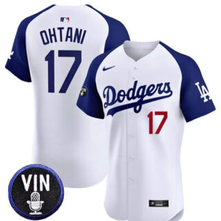 Men's Men's Los Angeles Dodgers #17 Shohei Ohtani White Vin Scully Patch Stitched Jersey