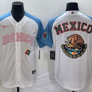 Men's Mexico Baseball 2023 White Blue Team Big Logo World Baseball Classic Stitched Jersey