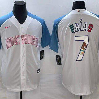 Men's Mexico Baseball #7 Julio Urías 2023 White Blue World Baseball Classic Stitched Jersey