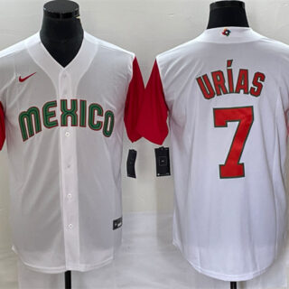 Men's Mexico Baseball #7 Julio Urías 2023 White Red World Baseball With Patch Classic Stitched Jersey 1