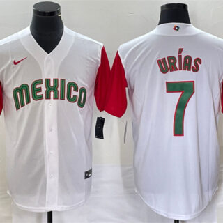 Men's Mexico Baseball #7 Julio Urías 2023 White Red World Baseball With Patch Classic Stitched Jersey