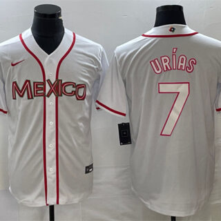 Men's Mexico Baseball #7 Julio Urías 2023 White World Baseball With Patch Classic Stitched Jersey