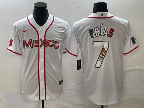 Men's Mexico Baseball #7 Julio Urías 2023 White World Baseball With Patch Classic Stitched Jerseys