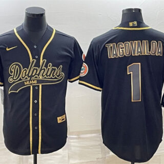 Men's Miami Dolphins #1 Tua Tagovailoa Black Gold With Patch Cool Base Stitched Baseball Jersey