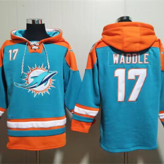 Men's Miami Dolphins #17 Jaylen Waddle Aqua Lace-Up Pullover Hoodie