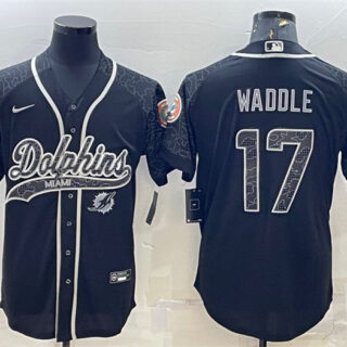 Men's Miami Dolphins #17 Jaylen Waddle Black Reflective With Patch Cool Base Stitched Baseball Jersey
