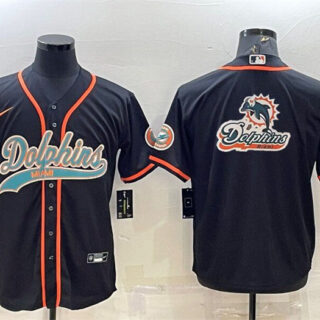 Men's Miami Dolphins Black Team Big Logo With Patch Cool Base Stitched Baseball Jersey