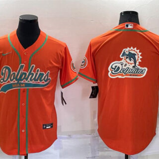 Men's Miami Dolphins Orange Team Big Logo With Patch Cool Base Stitched Baseball Jersey