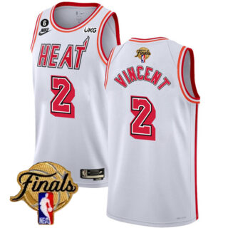 Men's Miami Heat #2 Gabe Vincent White 2023 Finals Classic Edition With NO.6 Patch Stitched Basketball Jersey