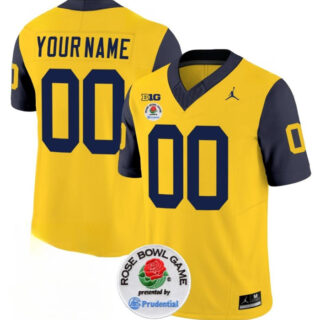 Men's Michigan Wolverines ACTIVE PLAYER Custom 2023 F.U.S.E. Yellow Navy Rose Bowl Patch Stitched Jersey