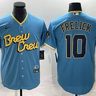 Men's Milwaukee Brewers #10 Sal Frelick 2022 Powder Blue City Connect Cool Base Stitched Jersey