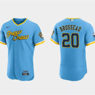 Men's Milwaukee Brewers #20 Mike Brosseau Powder Blue 2022 City Connect Flex Base Stitched Baseball Jersey